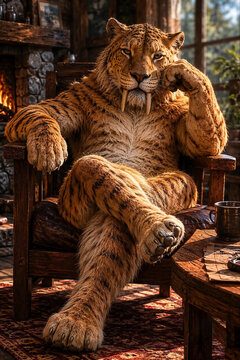 Majestic Bengal Tiger Character Sitting Royally on a Carved Wooden Throne Chair.