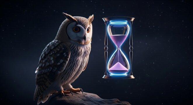 Wise owl gazes at glowing hourglass, symbolizing ancient knowledge and passage of time against a dark, starry night