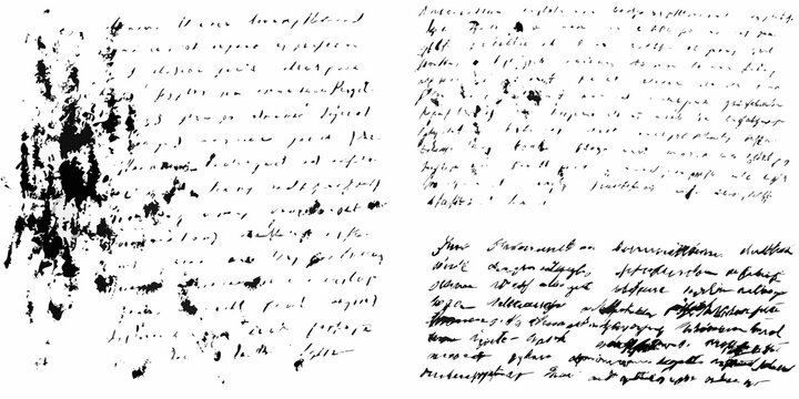 Handwritten notes and ink splatters grunge texture black on white background