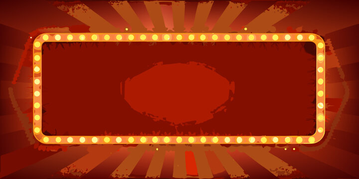 Retro marquee sign frame with glowing yellow lights and a red background