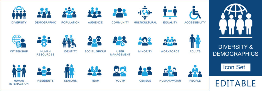 Diversity and demographics solid icon set. Professional people, community, workforce, and multicultural identity icons for business presentation and UI web design.