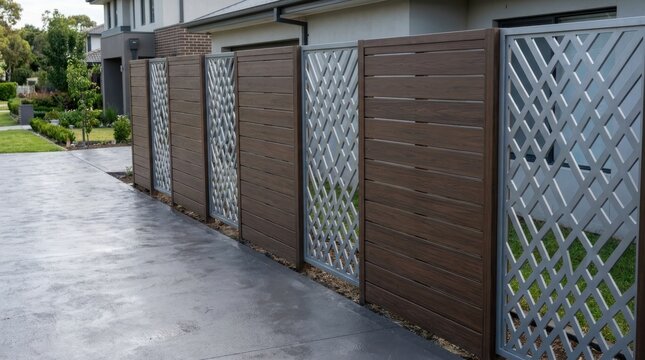 Modern backyard fence with wood slats and metal lattice panels. Exterior residential perimeter wall design. Contemporary home landscaping, privacy solution and home improvement concept.