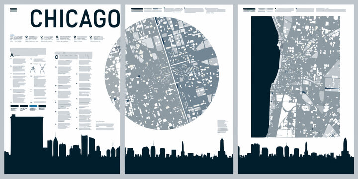 Chicago city map posters minimalist vector illustrations with skyline silhouettes