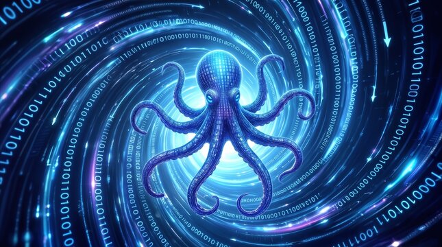 Cybernetic octopus swimming through swirling binary code vortex. Advanced data processing and information flow in digital space.