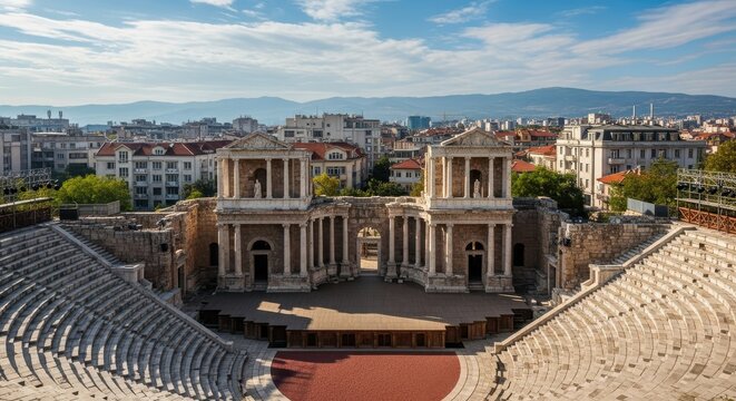 Ancient Roman Theatre of Philippopolis in Plovdiv Bulgaria with Cityscape Background and Blue Sky