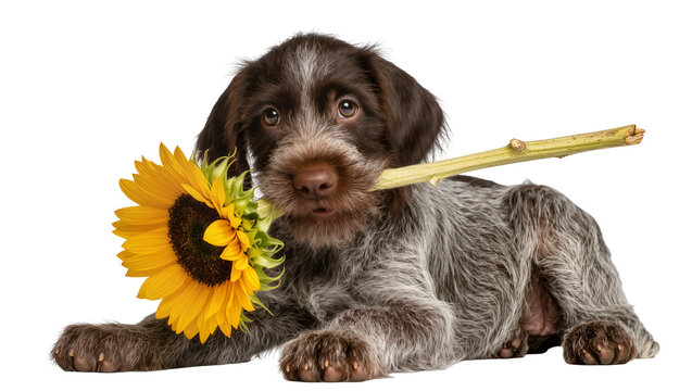 Wirehaired pointing griffon puppy holding sunflower stem in mouth