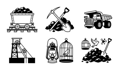 Coal Mining Icons Set: Cart, Pickaxe, Truck, Mine Shaft, Lantern, Birdcage, Birds, Shovel © Imtiaz