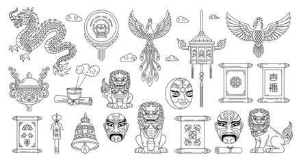 Obraz premium Traditional Asian Cultural Symbols and Mythical Creatures Collection.