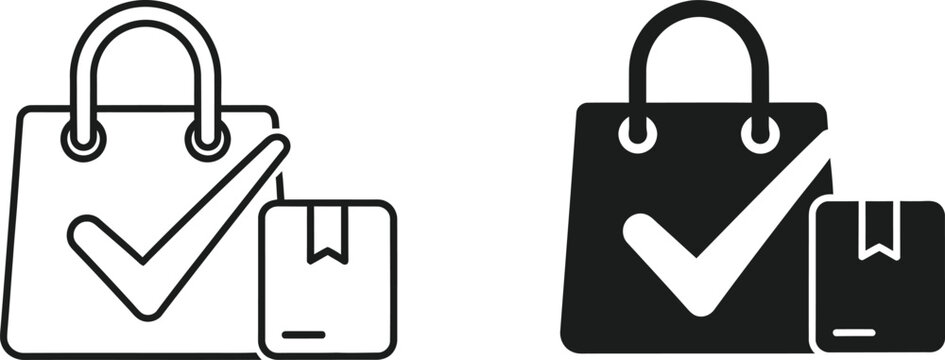 E commerce shopping bag icons with checkmark and mobile phone