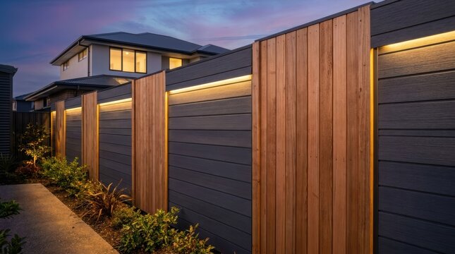 Modern backyard fence with integrated warm led lighting. Contemporary wooden and composite garden wall at dusk. Residential house landscape design with stylish outdoor illumination.