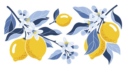 Vibrant Lemon Branches with Blossoms and Ripe Fruits.