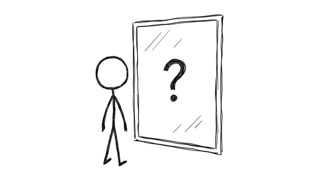 Stick Figure Looking in Mirror with Question Mark, Identity Crisis and Self Doubt Concept. Representing identity crisis, self-doubt, low self-esteem, and psychological search for answers.