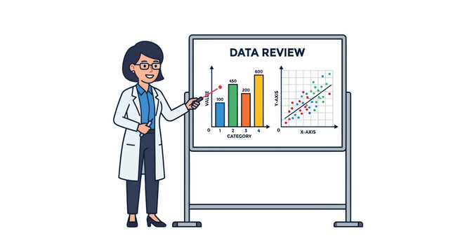Scientist explaining data review charts on office whiteboard.