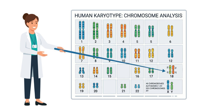 Scientist explaining human karyotype chromosome analysis in medical lab.