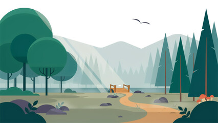 Person relaxing in a peaceful nature camping scene with mountains and forest Vector © MD DIP