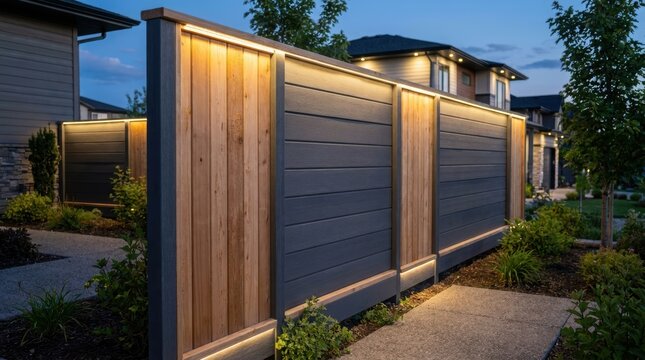 Modern wooden fence with integrated landscape lighting in residential backyard. Exterior design of home boundary with LED illumination. Contemporary architecture and home security concept.
