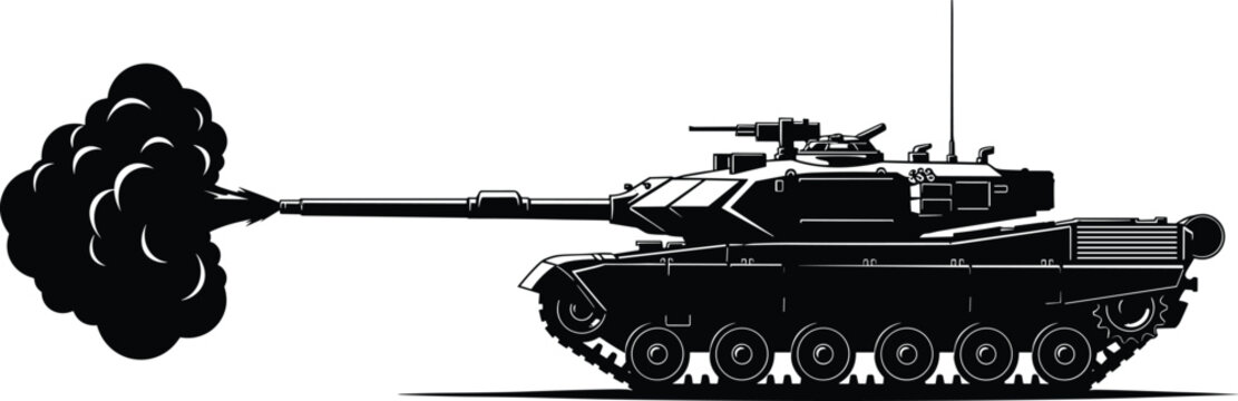 Battle tank vector illustration with firing smoke, armored vehicle silhouette, long barrel turret, military machine gun, tracks, road wheels and combat motifs -flat vector illustration