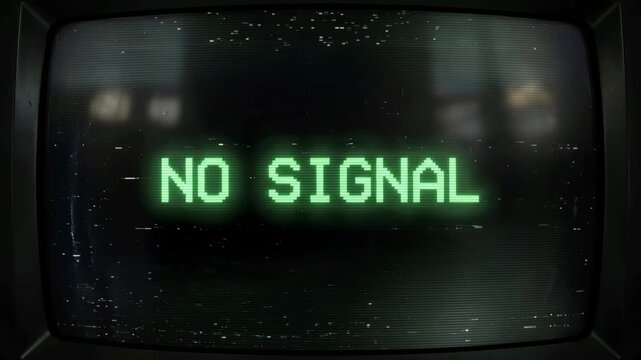 Vintage CRT TV Screen with No Signal Text and Retro Glitch Effect Glowing Green Pixel Font and VHS Static Distortion Background