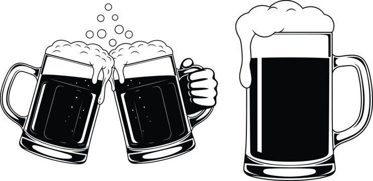 Beer mug vector illustration set with clinking glasses, foam bubbles, celebratory toast, festive drink motifs, social silhouettes and pub design -flat vector illustration