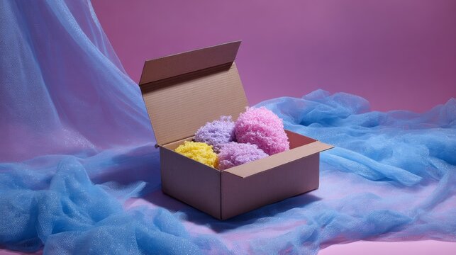 Gift box with colorful pom poms on pastel fabric background