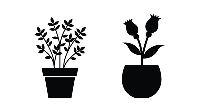 Flower silhouette icons in pots with leaves and stems