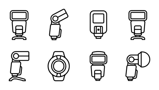 Photography Speedlight Icons, Camera Flash Set, Studio Lighting Equipment, Professional Gear Vector Graphics