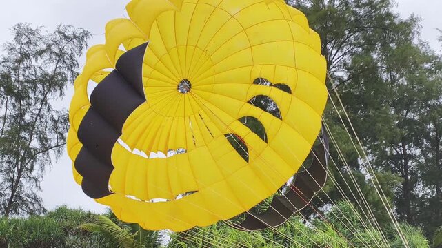 Vibrant parasailing parachute close-up showcases large yellow canopy in overcast sky. Detailed parasailing parachute close-up captures strong lines and unique black pattern flying over tropical trees.