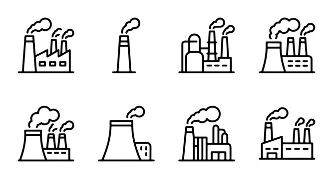 Industrial Factory Icons Set, Smoke Stack Buildings, Pollution Symbols, Manufacturing Plant Vector Graphics
