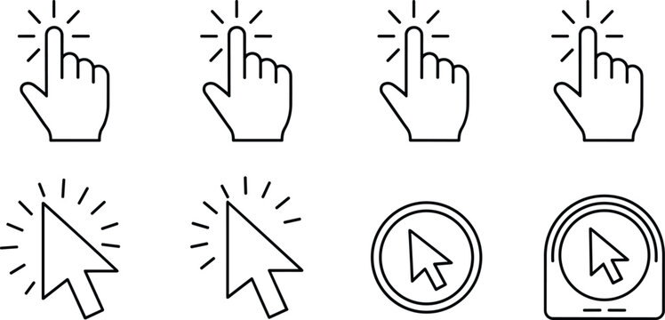Click icon vector illustration set with hand pointer, cursor arrow, tapping gesture, digital interaction, user interface design and selection motifs -flat vector illustration