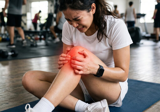 A female runner winces in agony while clutching her injured knee, which features a vibrant red glow effect to highlight severe joint pain during her outdoor workout in the park