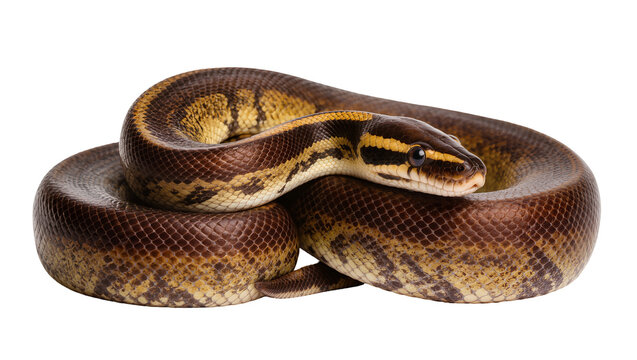Coiled Ball Python Snake with Brown and Yellow Scales