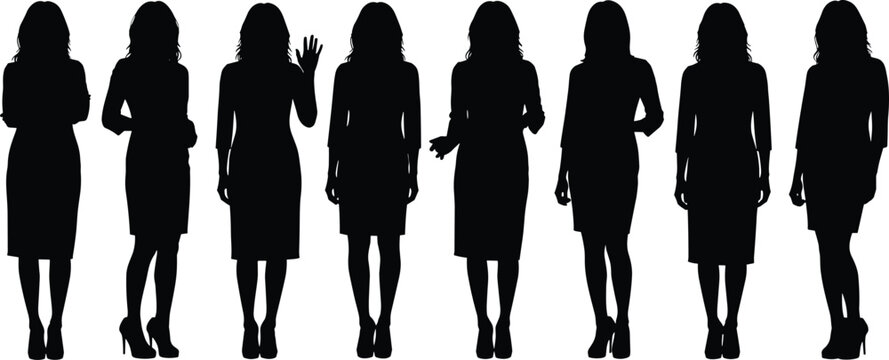 Female silhouette vector illustration set with dress and heels, standing poses, arm gestures, body language motifs and fashion design -flat vector illustration