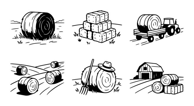Farm Hay Bales Collection, Rural Agricultural Elements, Rustic Countryside Icons, Harvest Season Graphics