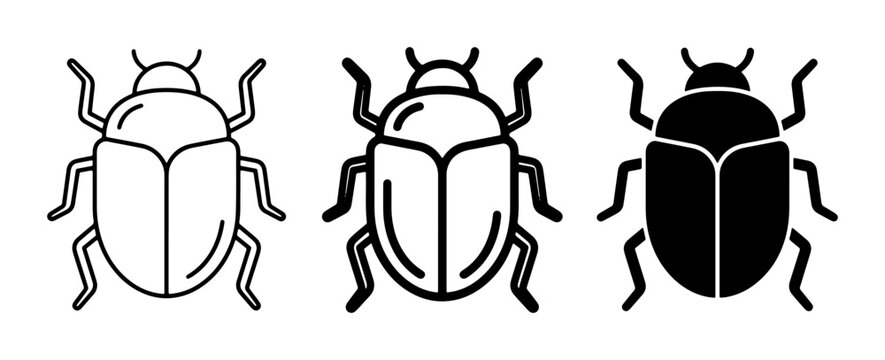Three Beetle Icons, Outline and Silhouette, Vector Graphics for Insect and Bug Concepts