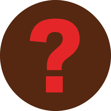 A bold red question mark symbol centered inside a dark brown circular shape, isolated on a white background, simple flat style