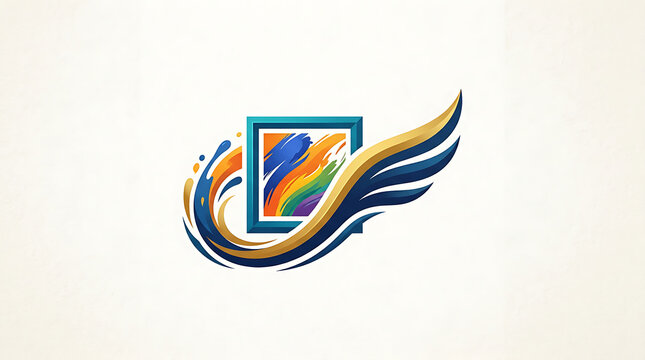 Winged Picture Frame Logo with Colorful Paint Swirls and Gold Blue Accents for Creative Art Services

