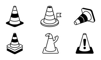 Traffic Cones, Safety Cones, Warning Cones: Vector Icons Set for Construction and Roadwork © Tasmia