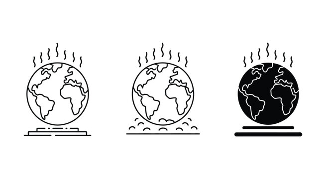 Climate change and global warming vector icon collection showing heated earth rising temperature and environmental impact concepts