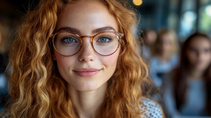 Obraz premium Close-up portrait of engaging young woman with vibrant red curly hair, bright blue eyes, and freckles, wearing stylish glasses, smiling softly with soft-focus background of people, conveying intellige