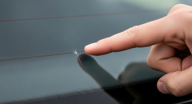 Car insurance accident estimate windshield chip Finger points car windshield chip for insurance accident estimate with closeup