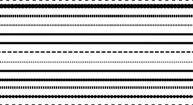 Line style patterns, dashed dotted solid circle square designs, graphic design elements, typography decoration, technical drawing symbols, abstract border art, flat vector illustration