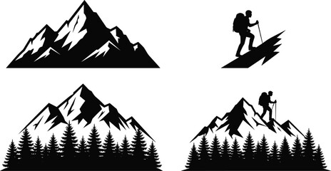 Mountain hiking silhouettes, adventure landscape, forest and peaks illustration, outdoor travel concept, climber trekking design for nature exploration theme - flat vector illustration © TOMSINA