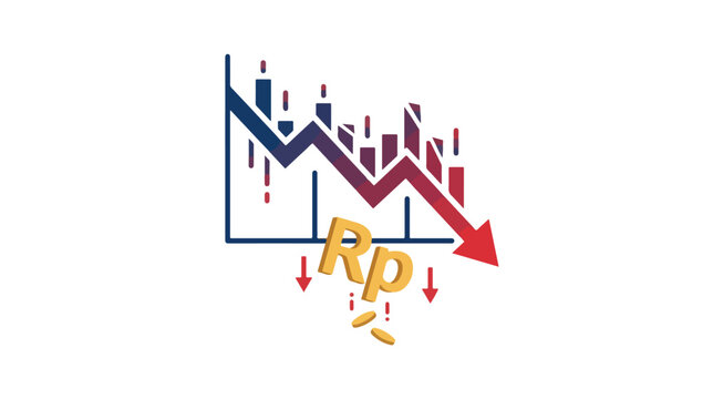A downward trending graph showing Indonesia rupiah currency exchange rate fluctuation with red and blue lines on a white background