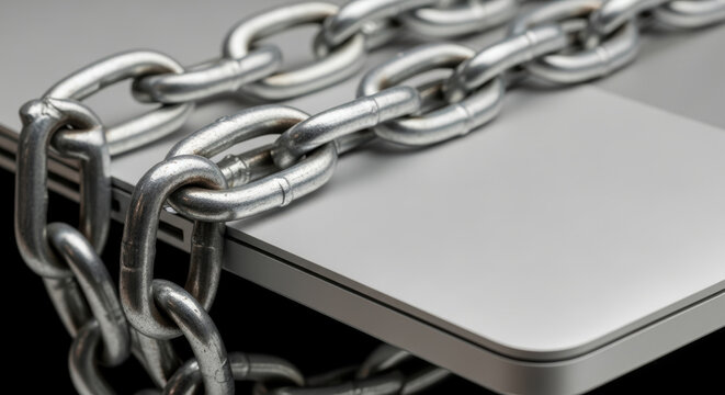 Data privacy concerns chain lock laptop security protection technology metal close up computer device silver isolated object