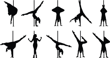 Pole dance silhouette vector collection, acrobatic figures performing inverted and upright poses, strength and flexibility icons, flat vector illustration for fitness and performance projects © TOMSINA