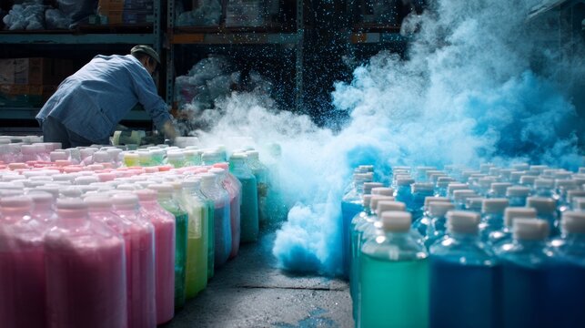 Rows of colorful bottles with smoke in industrial setting