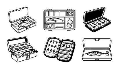 Fishing Tackle Boxes, Assorted Lures and Gear Containers, Outdoor Sport Equipment Icons © Tanvir
