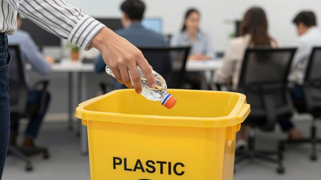 Person disposing plastic bottle into yellow bin labeled 'PLASTIC' in an office setting.