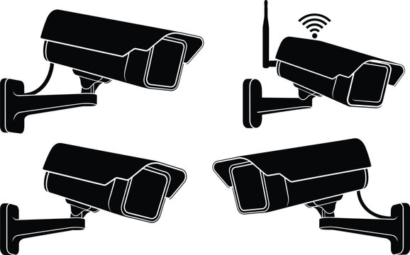 Security camera silhouettes, CCTV surveillance icons, wireless Wi‑Fi camera, wall mounted bracket design, modern monitoring technology, privacy protection symbol, flat vector illustration