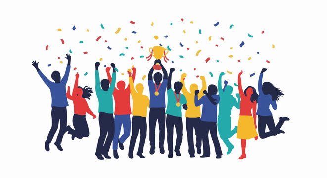 A diverse group of people celebrate a victory with a golden trophy and colorful confetti